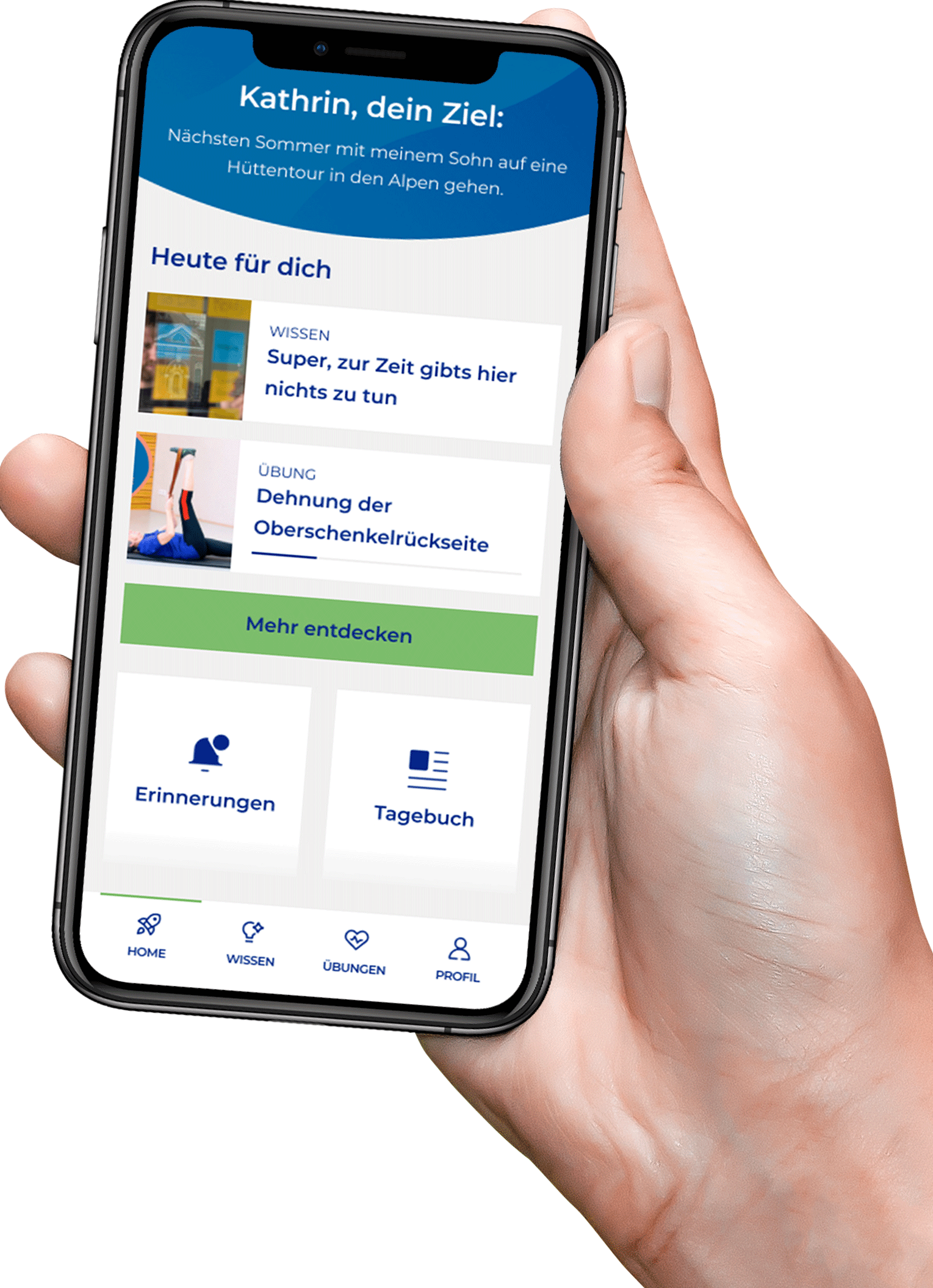 ActiveTEP-Knie-App: Übungen, Beweglichkeits-Tracking und Wissensmodule auf einem Smartphone-Mockup