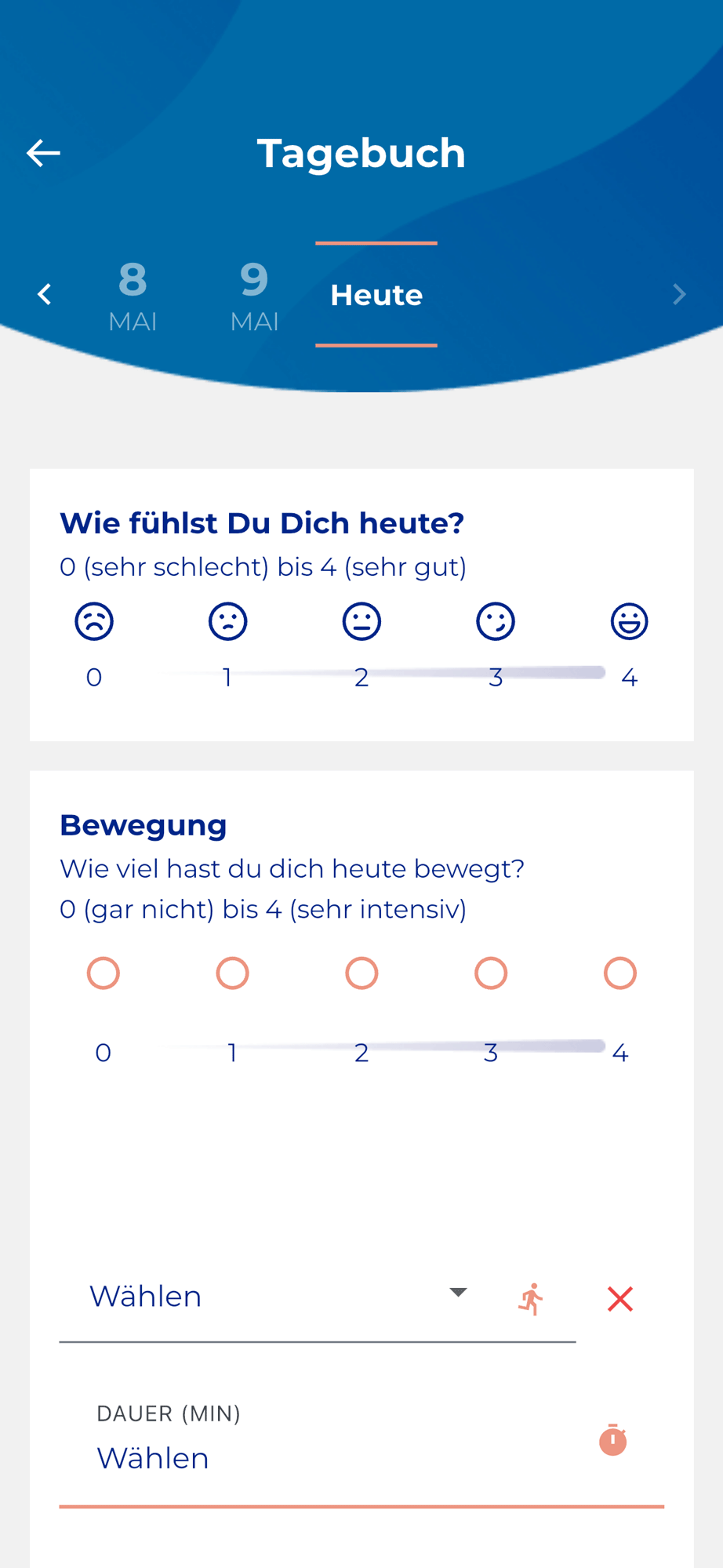 App-Screen: Reha-Übungen und Verlaufstagebuch