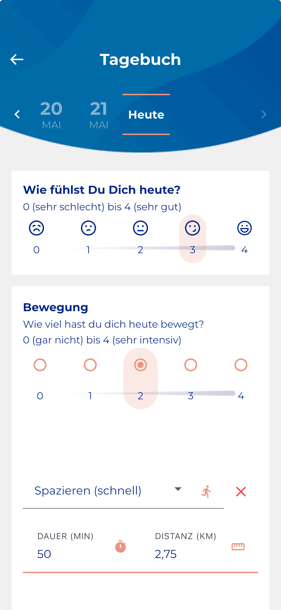 App-Screen: Tagebuch zu Befinden und Bewegung