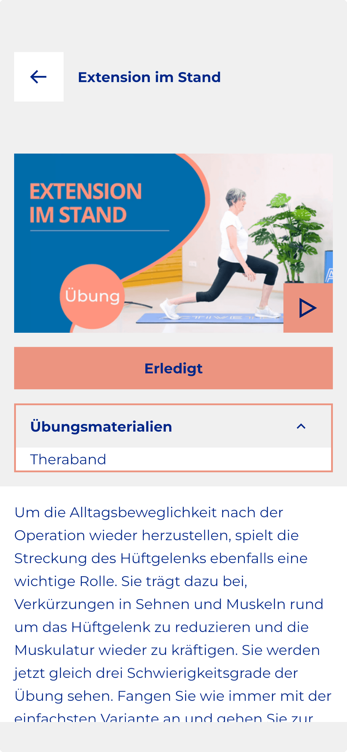 App-Screen: Übung „Extension im Stand“ für die Zeit nach der OP
