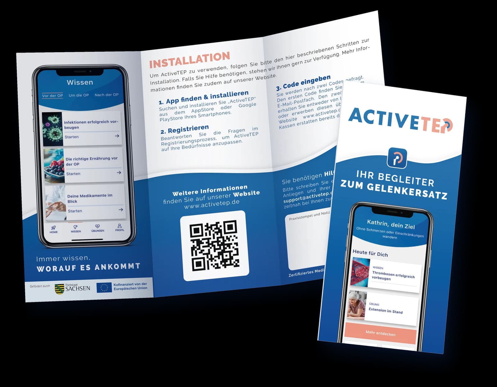 ActiveTEP-Patientenflyer „Ihr Begleiter zum Gelenkersatz“ – aufgeklappt und gefaltet