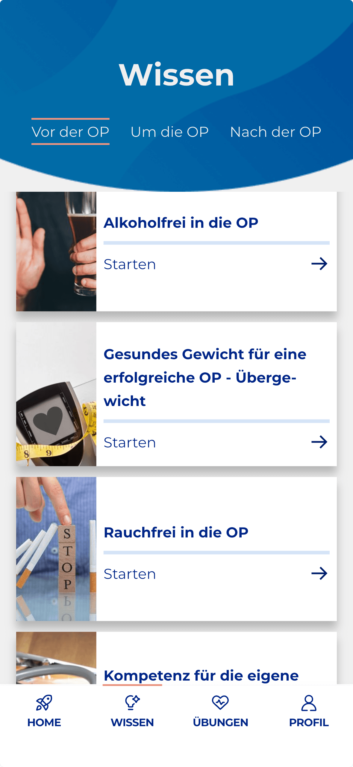 App-Screen: Wissensmodule zur Vorbereitung auf die OP